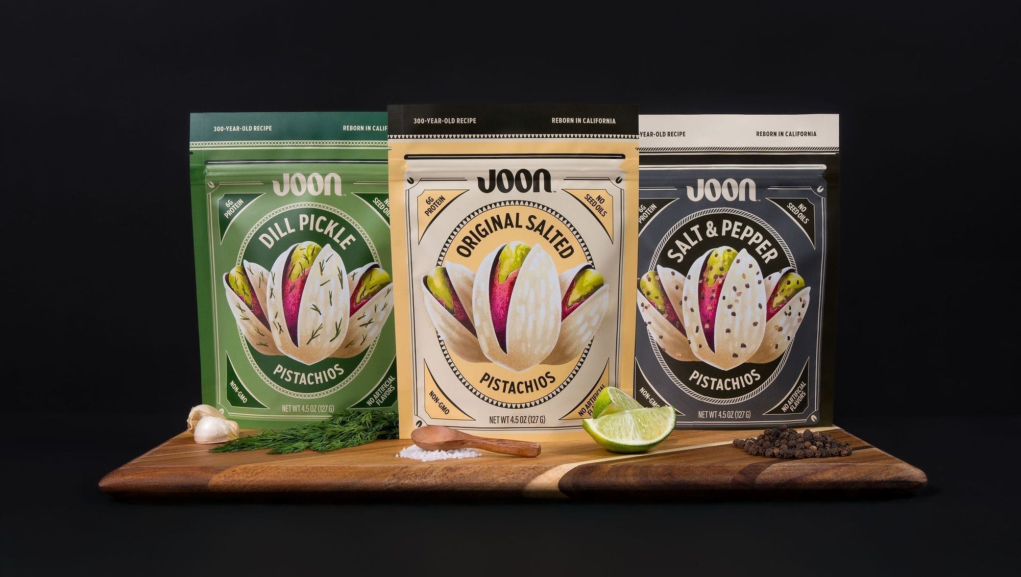 Joon premium pistachios served in a bowl with an Original Salted pistachios bag.