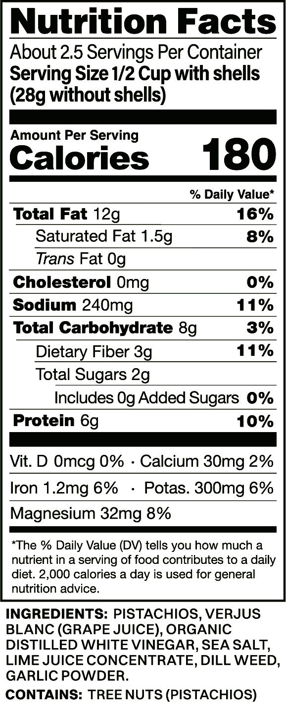 Nutrition facts label for a dish with pistachios, verjus, blanc grape juice, organic distilled white vinegar, sea salt, lime juice concentrate, dill weed, and garlic powder.