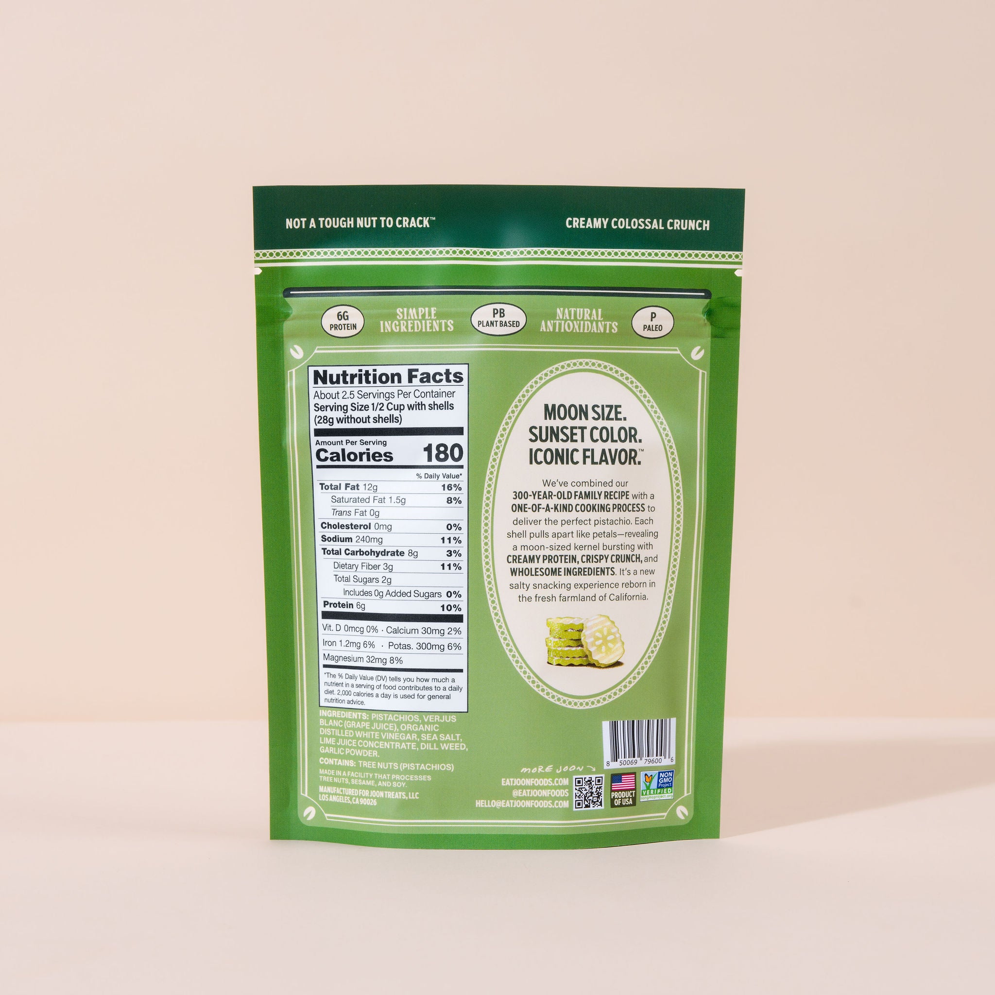 Joon Dill Pickle Pistachios Back of Pack with Nutrition Fact Panel