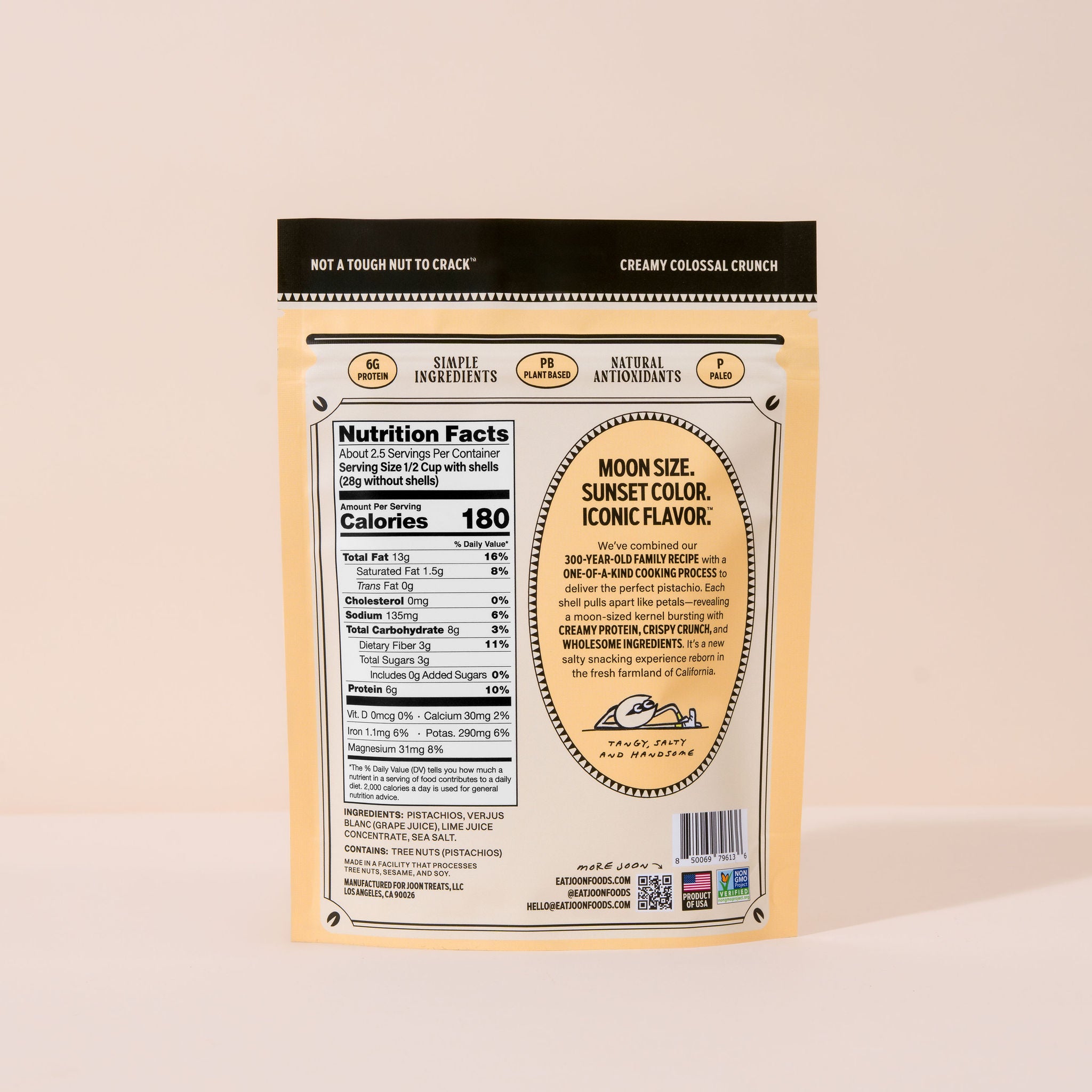 Joon Original Salted Pistachios Back of Pack with Nutrition Fact Panel