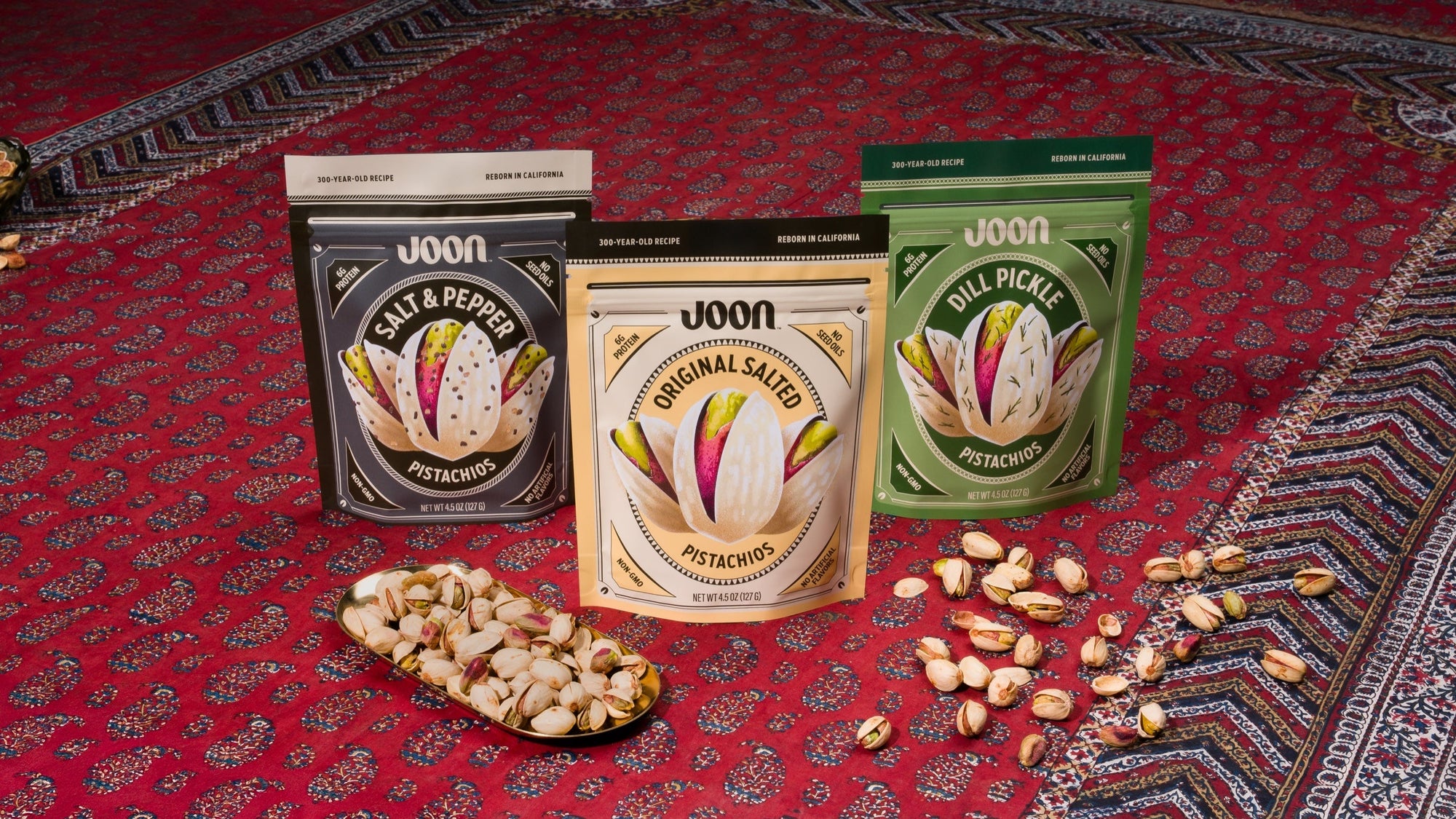 Joon Pistachio Variety Pack with Salt & Pepper, Original Salted, and Dill Pickle bags.
